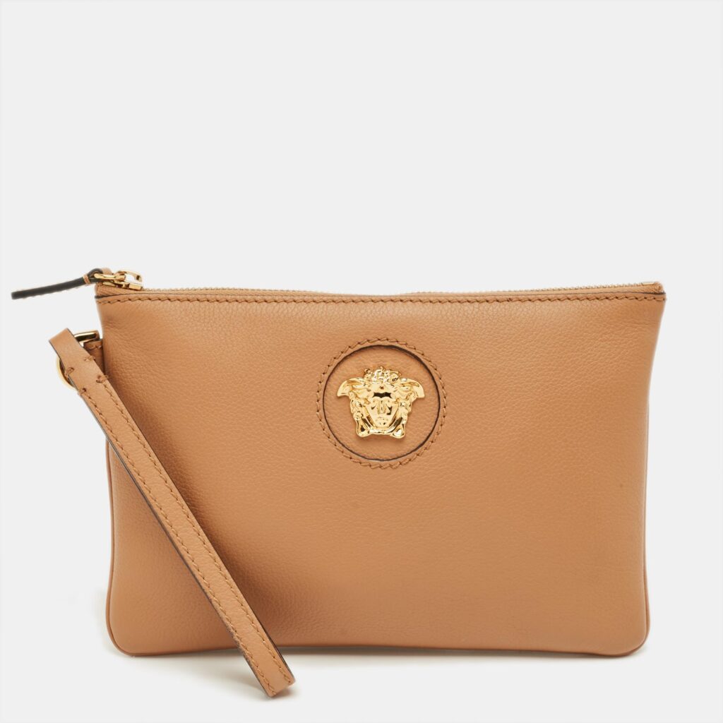 luxury-women-versace-used-handbags-p1237377-001.jpg Versace Brown Leather Medusa Wristlet Pouch