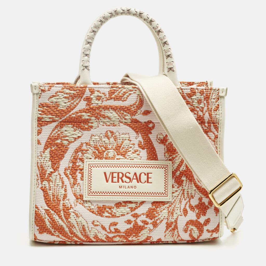 Versace Orange/Pink Canvas and Raffia Small Barocco Athena Tote Versace Orange/Pink Canvas and Raffia Small Barocco Athena Tote