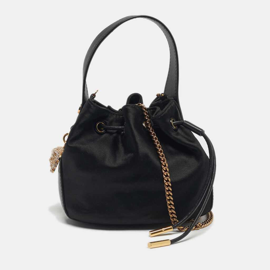 Versace Medusa Crystal Mini Black Leather and Satin Bucket Bag