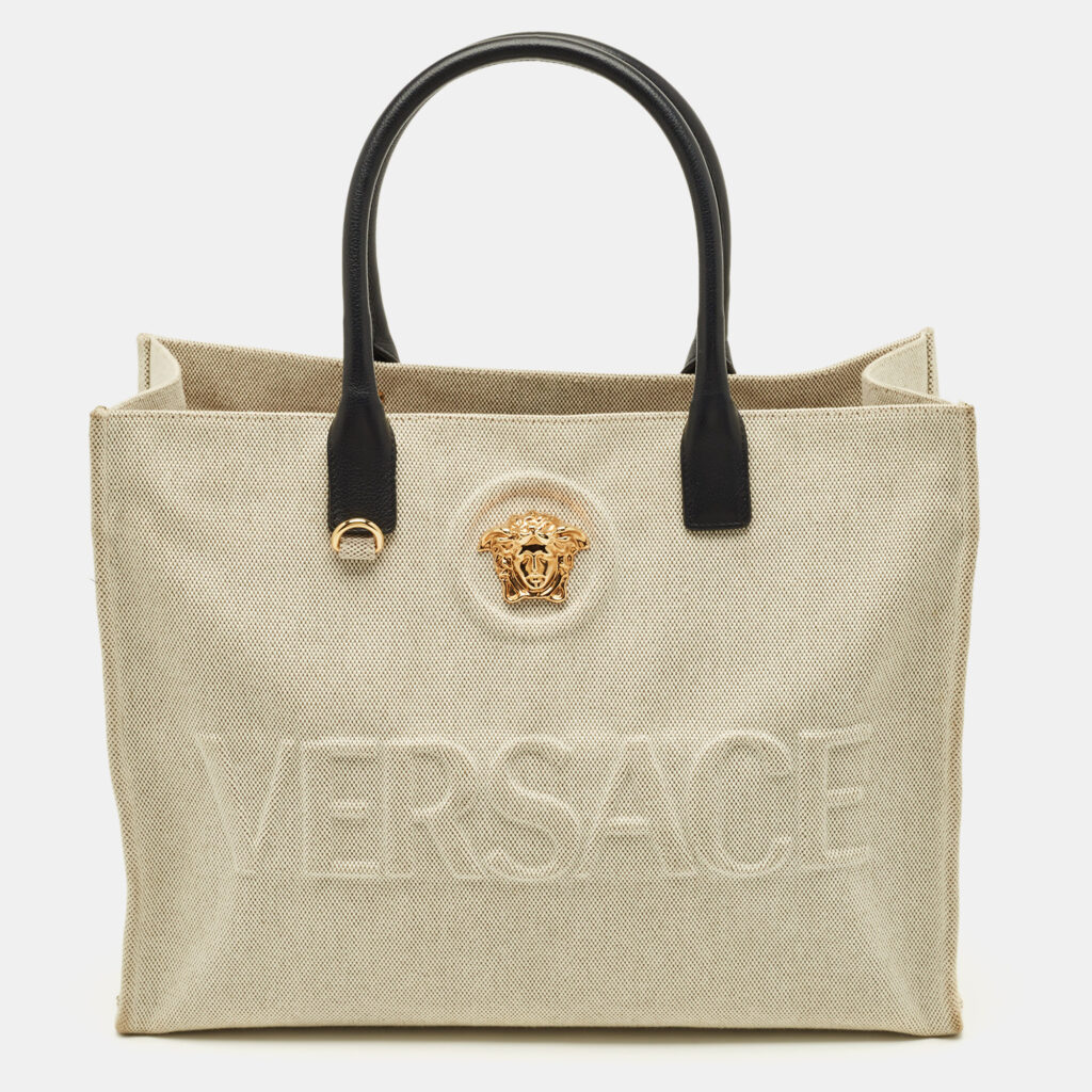 Versace La Medusa Beige/Black Canvas Tote Versace La Medusa Beige/Black Canvas Tote