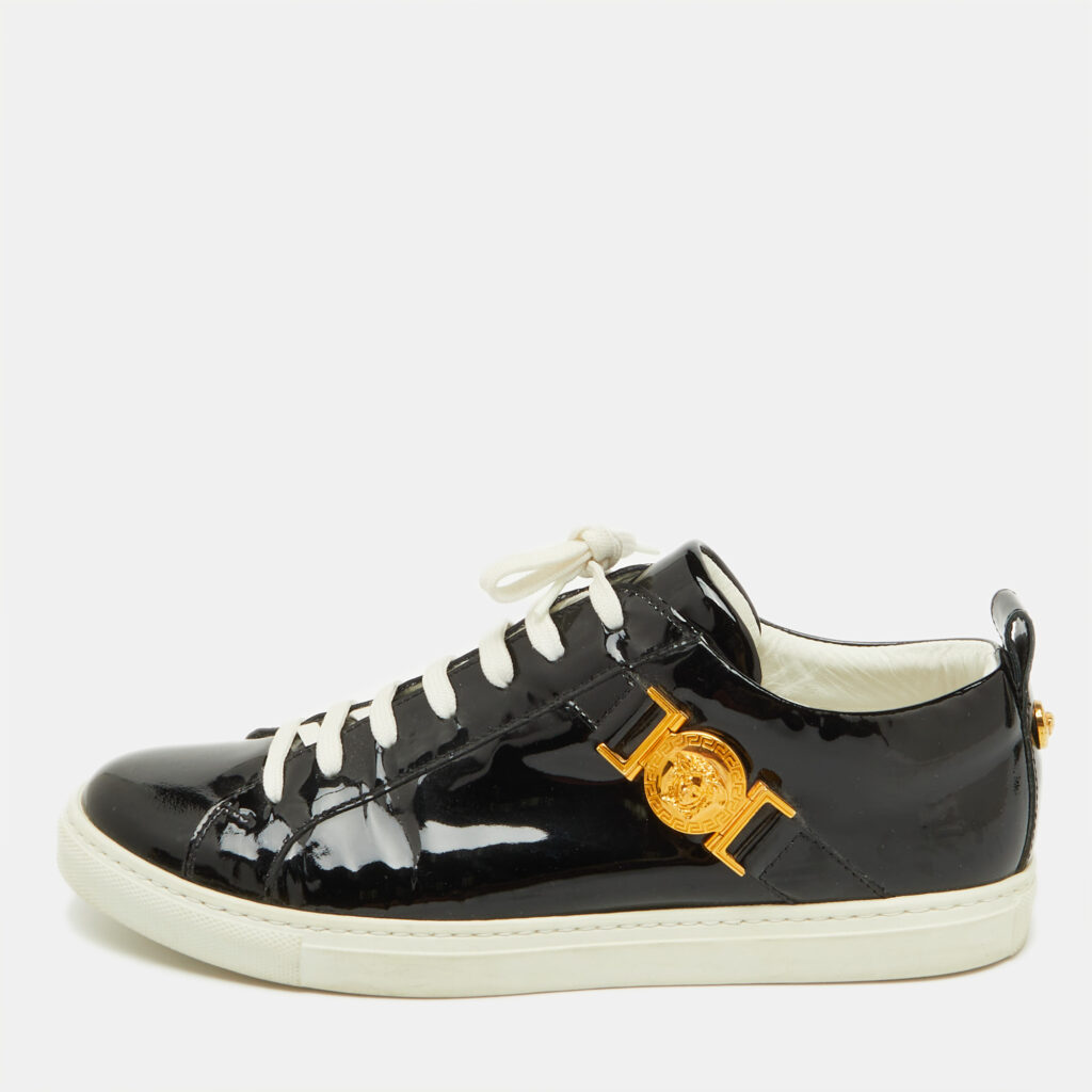 Versace Black Patent Leather Medusa Embellished Low Top Sneakers Size 38