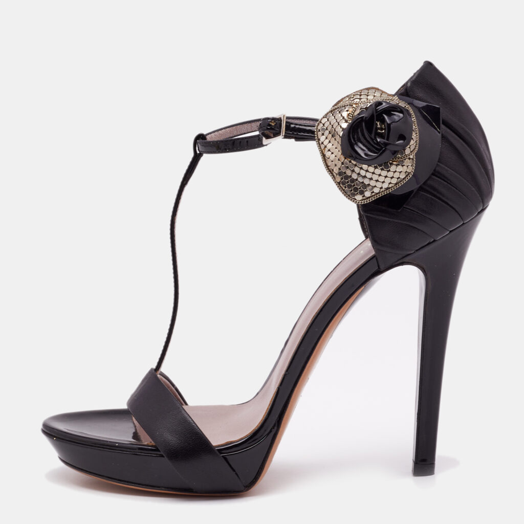 Versace Black Leather Flower Bow T- Strap Sandals Size 39