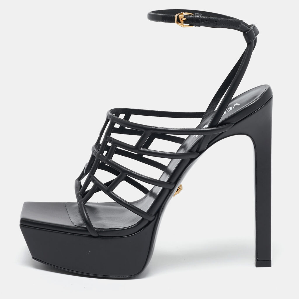 Versace Black Leather Greca Cage Platform Sandals Size 41
