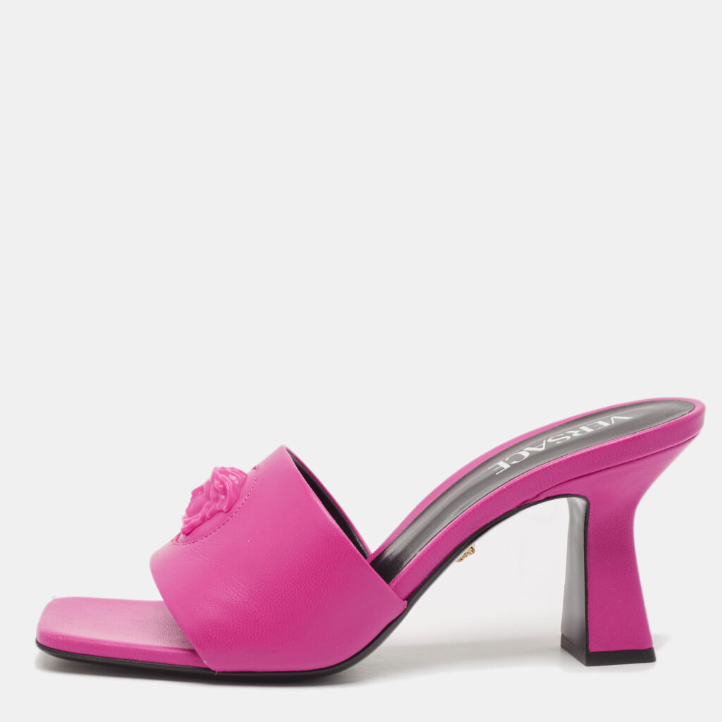 Versace Pink Leather Medusa Slide Sandals Size 38
