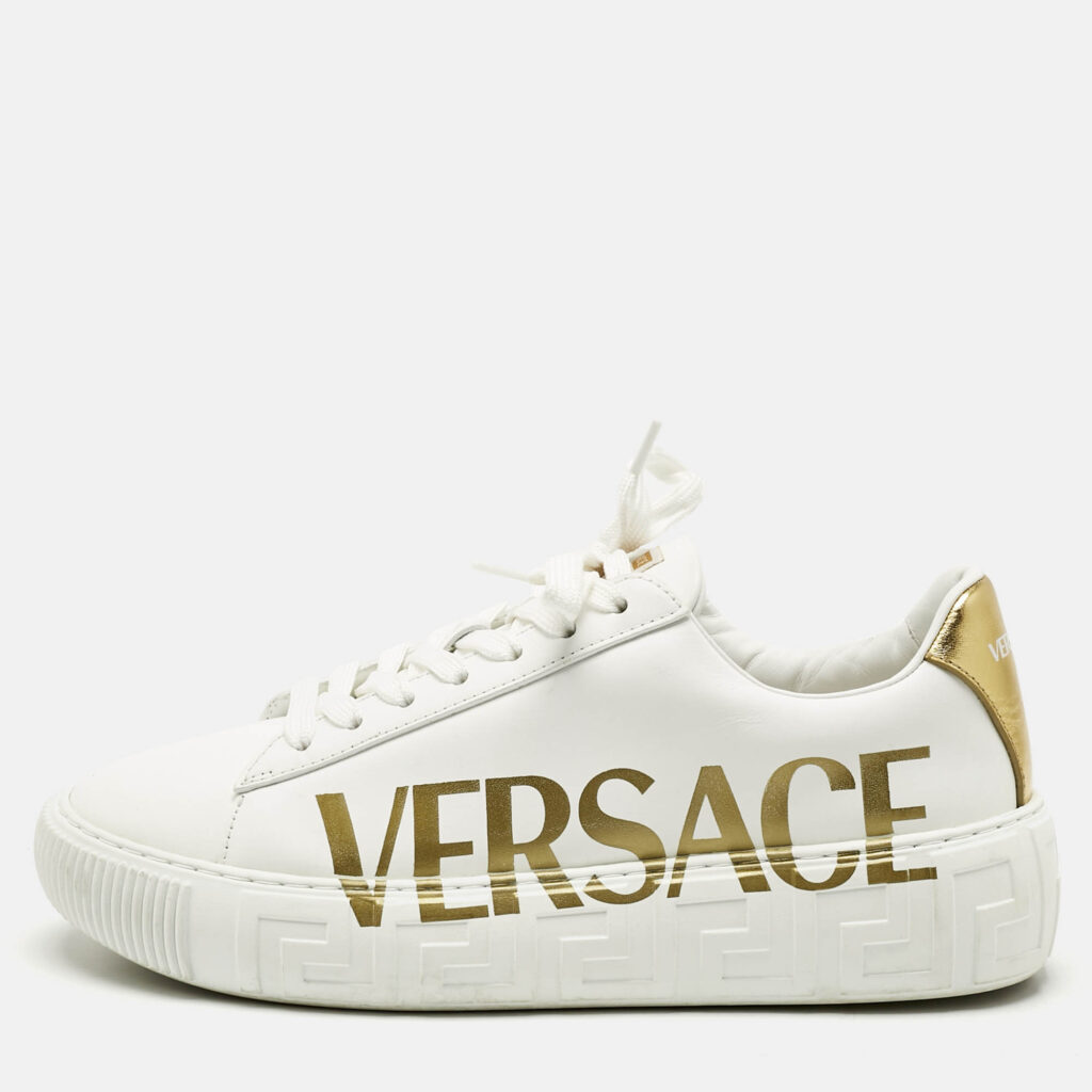 Versace White/Gold Leather La Greca Lace Up Sneakers Size 38 Versace White/Gold Leather La Greca Lace Up Sneakers Size 38