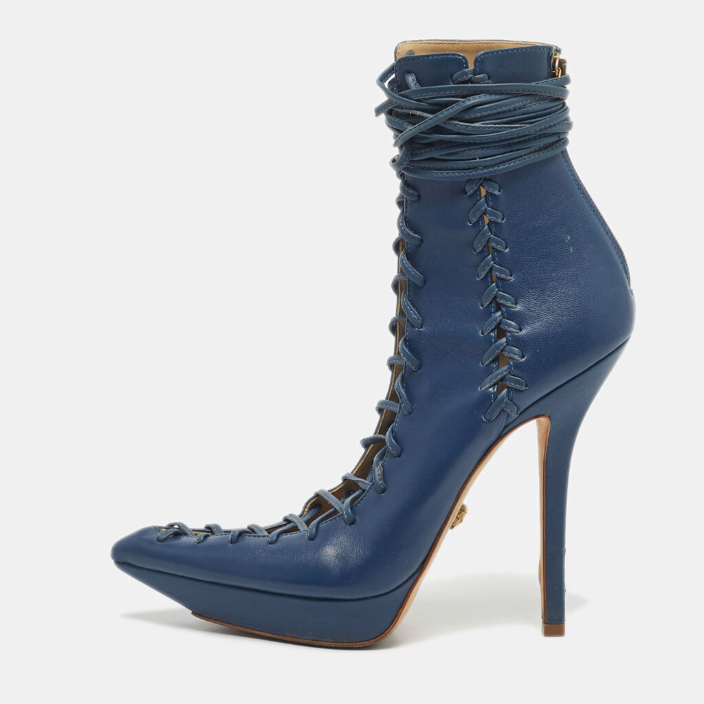 Versace Blue Leather Lace Up Ankle Length Boots Size 40 Versace Blue Leather Lace Up Ankle Length Boots Size 40