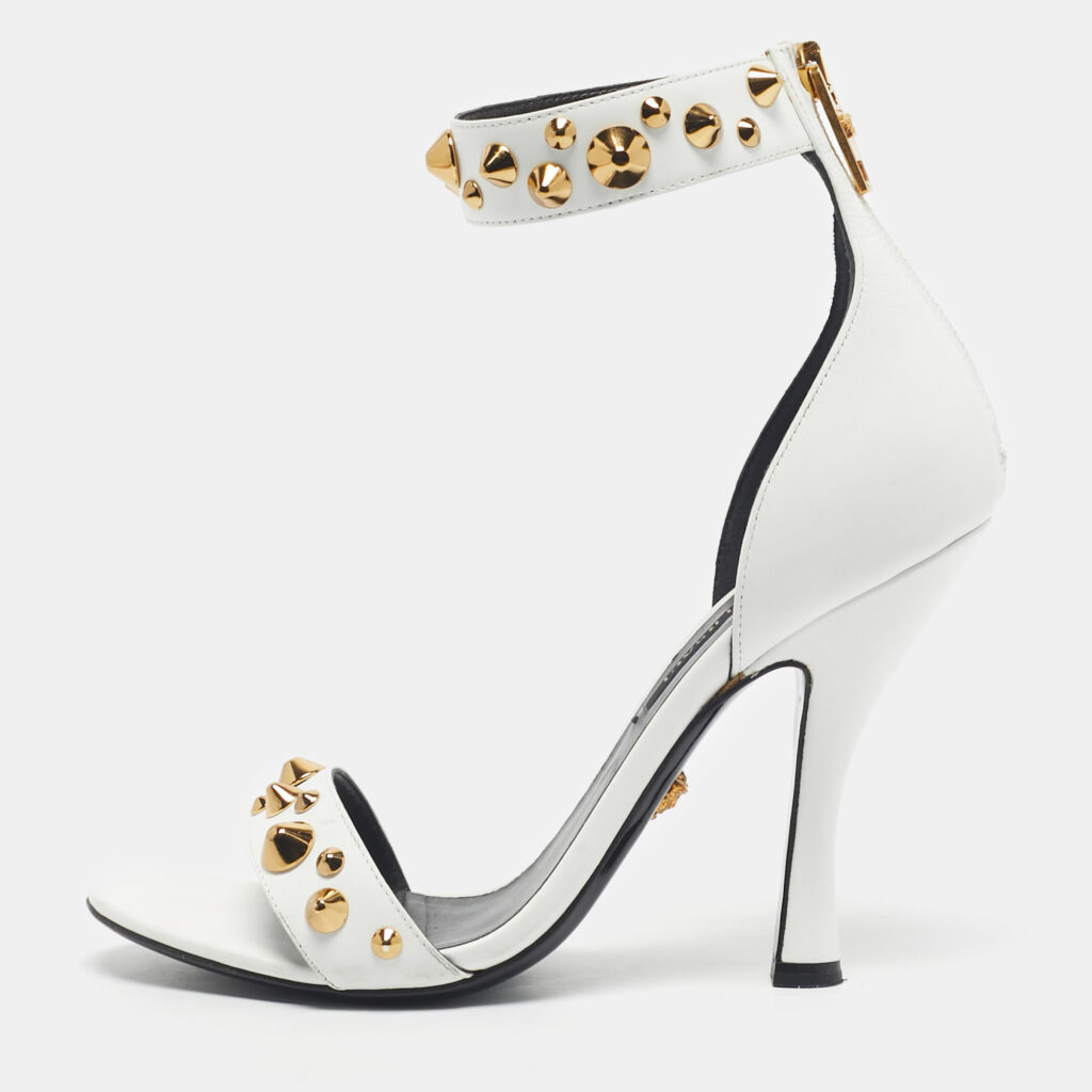 Versace White Leather Studded Ankle Strap Sandals Size 38