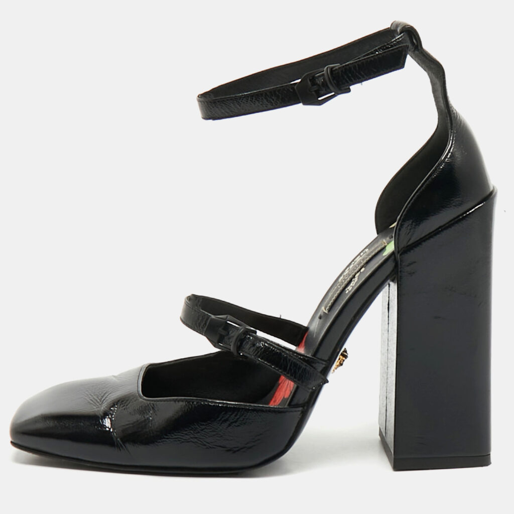 Versace Black Leather Ankle Wrap Block Heel Pumps Size 38