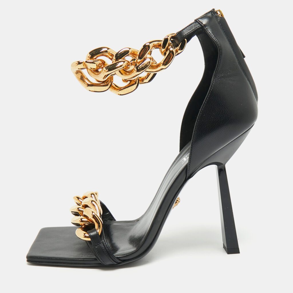 Versace Black Leather Medusa Chain Ankle Strap Sandals Size 41