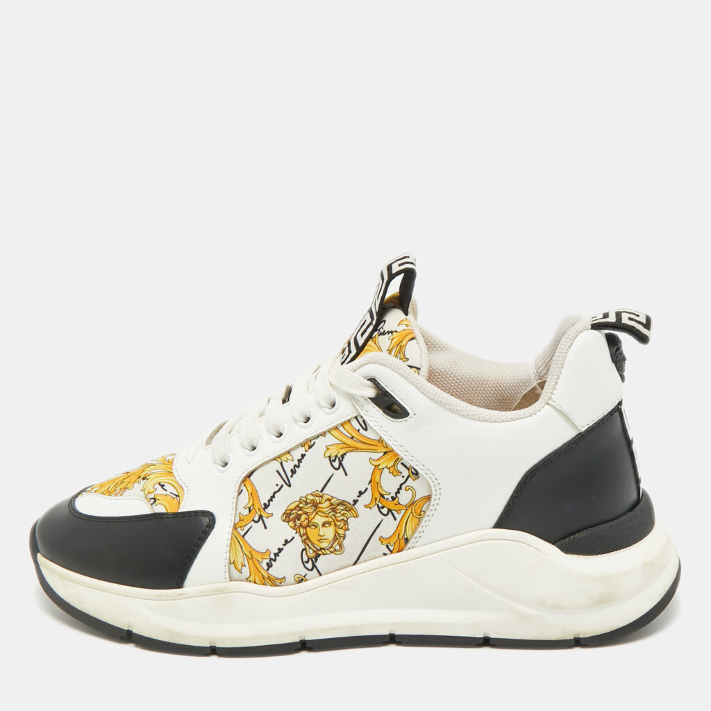 Versace Multicolor Leather and Canvas Baroque Printed Logo Low Top Sneakers Size 40 Versace Multicolor Leather and Canvas Baroque Printed Logo Low Top Sneakers Size 40