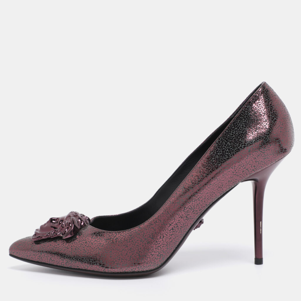 Versace Metallic Purple Leather Medusa Pointed Toe Pumps Size 41