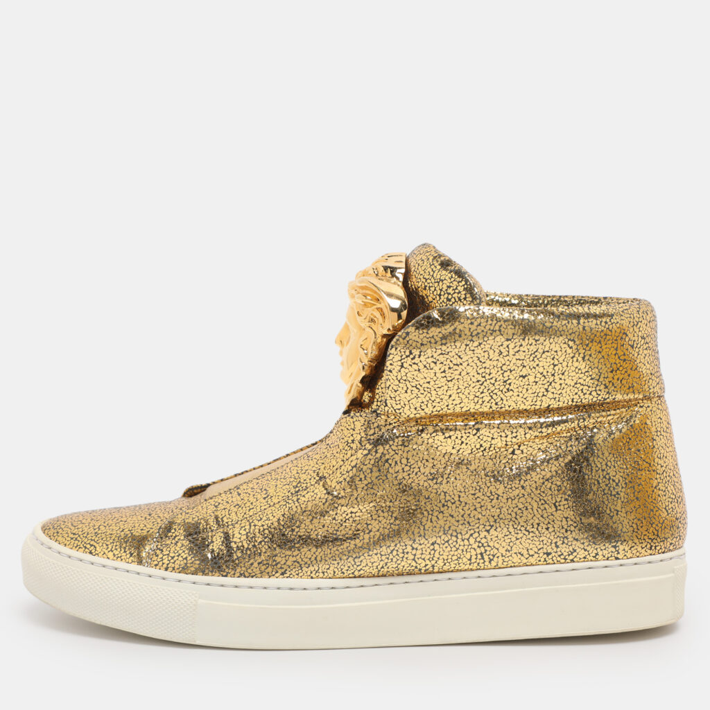 Versace Metallic Gold Crackle Leather Medusa High Top Sneakers Size 38.5