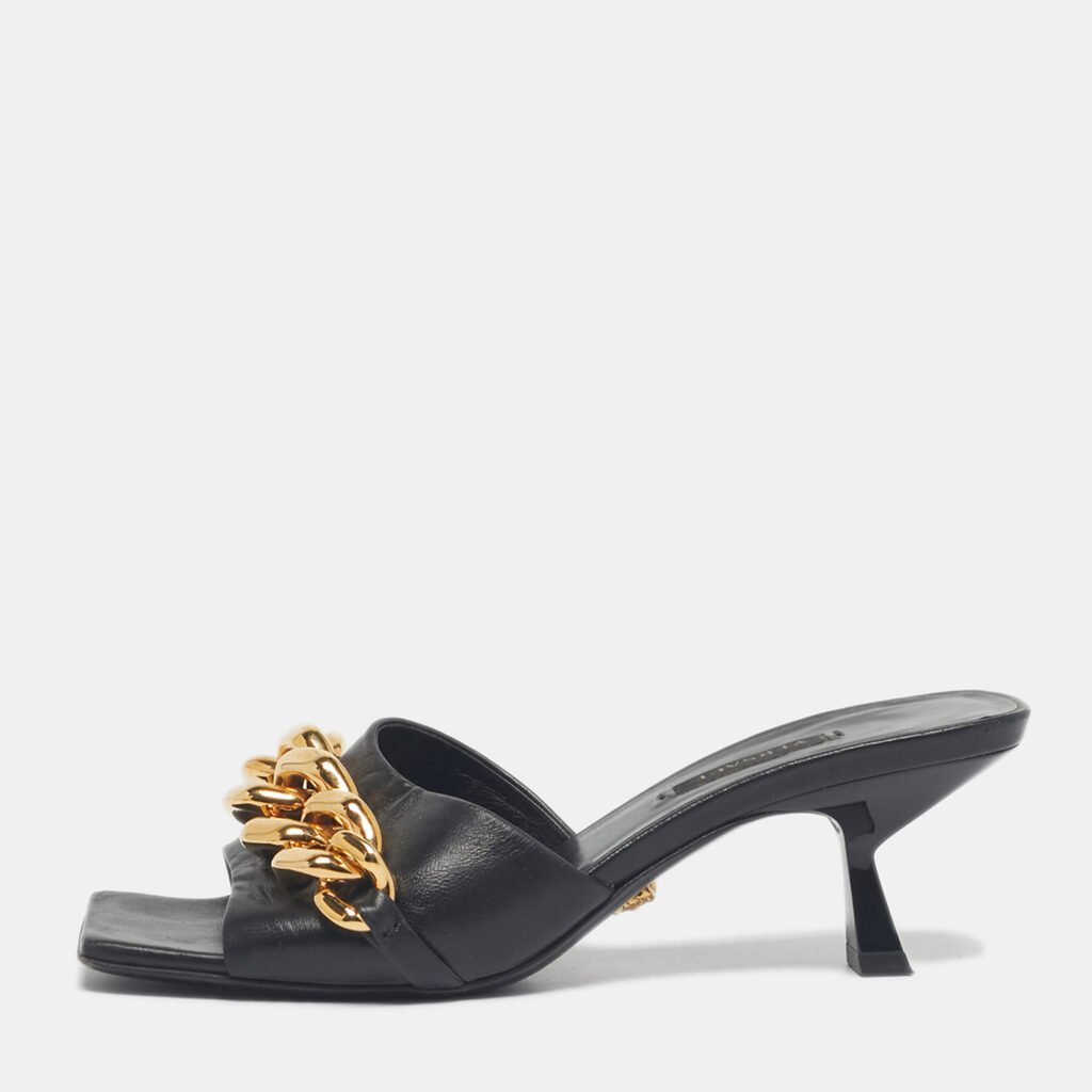 luxury-women-versace-used-shoes-p1220321-001.jpg Versace Black Leather Medusa Chain Link Slide Sandals Size 36
