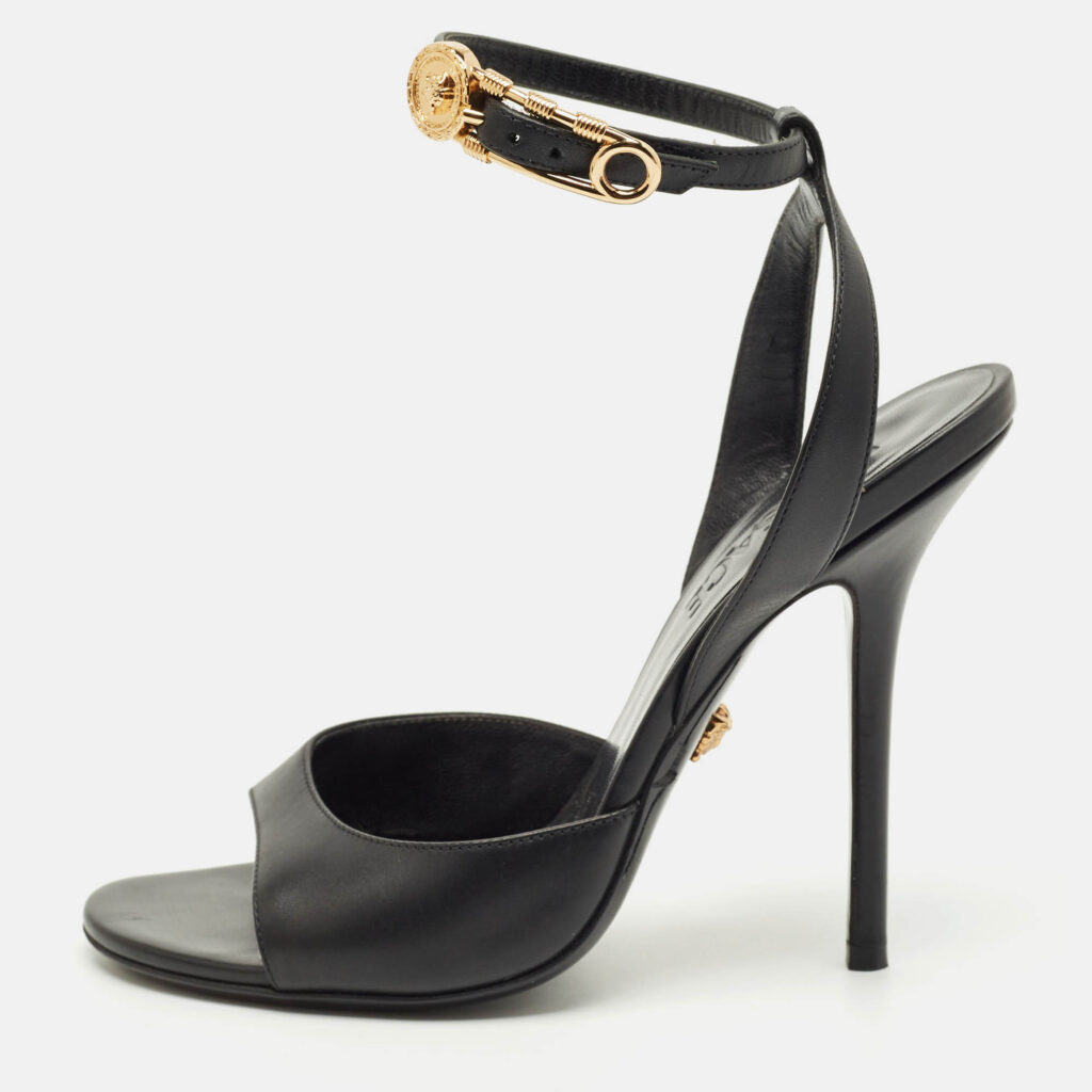 Versace Black Leather Safety Pin Ankle Strap Sandals Size 37 Versace Black Leather Safety Pin Ankle Strap Sandals Size 37