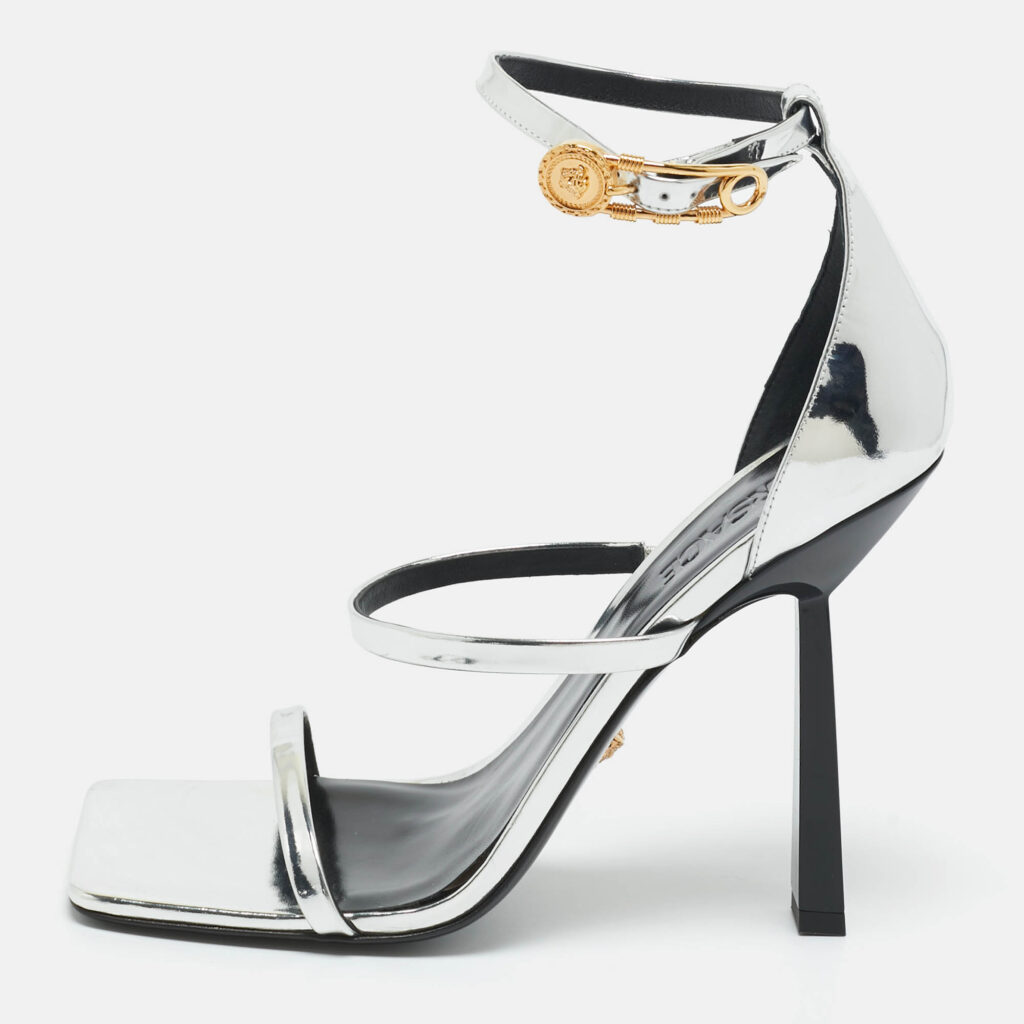 luxury-women-versace-used-shoes-p1222654-010-1.jpg Versace Silver Leather Safety Pin Ankle Strap Sandals Size 41