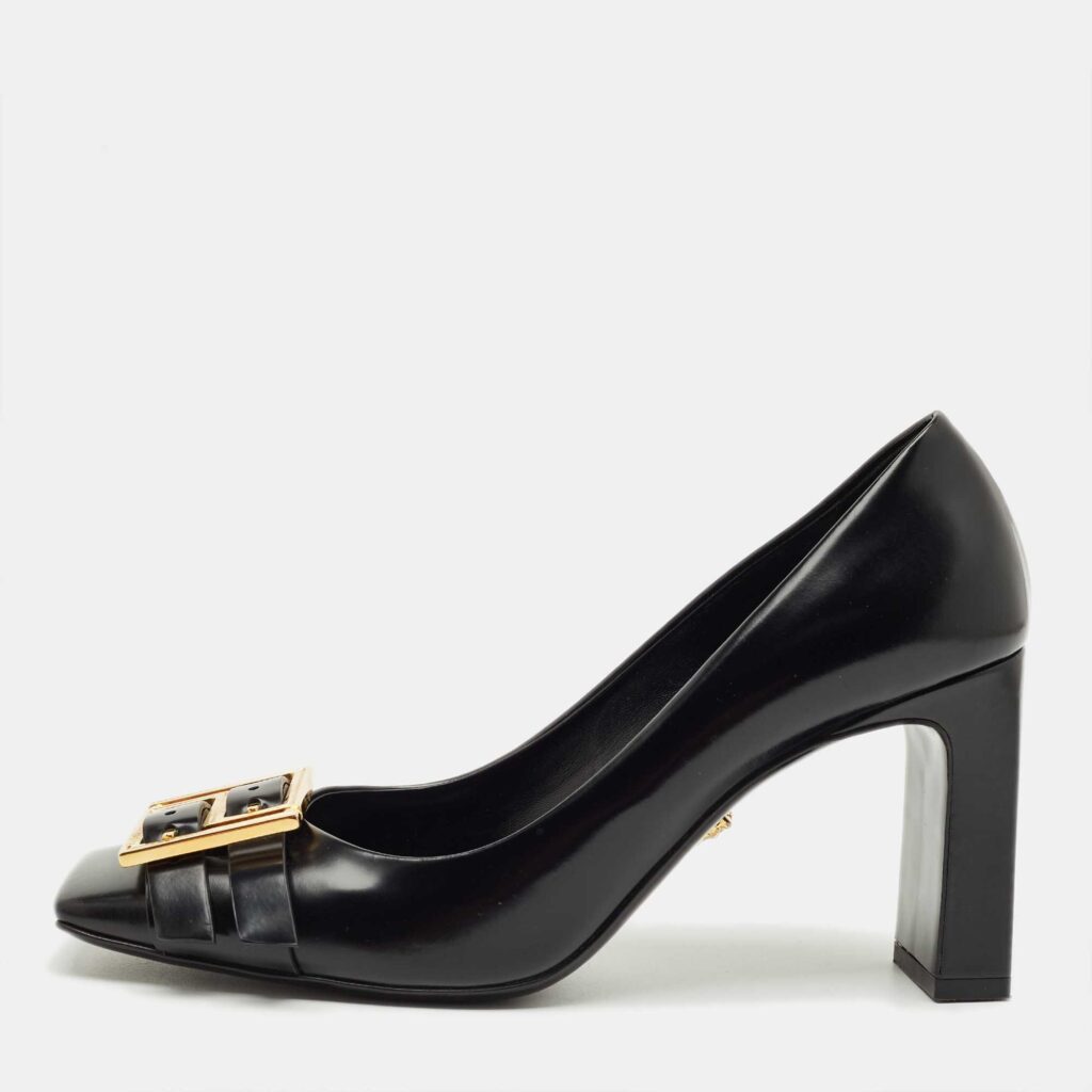 Versace Black Leather Block Heel Pumps Size 38.5 Versace Black Leather Block Heel Pumps Size 38.5
