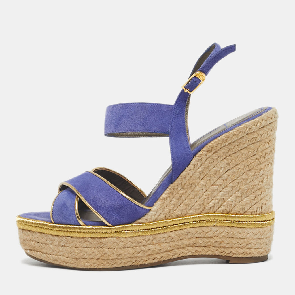 luxury-women-versace-used-shoes-p1224778-001.jpg Versace Blue Suede Espadrille Strappy Wedge Sandals Size 39