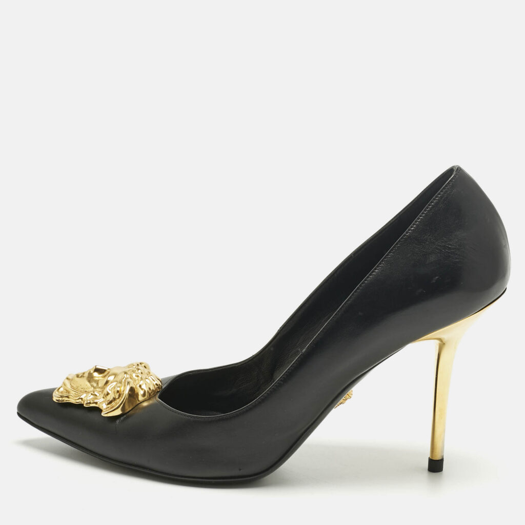 Versace Black Leather Medusa Embellished Pointed Toe Pumps Size 40