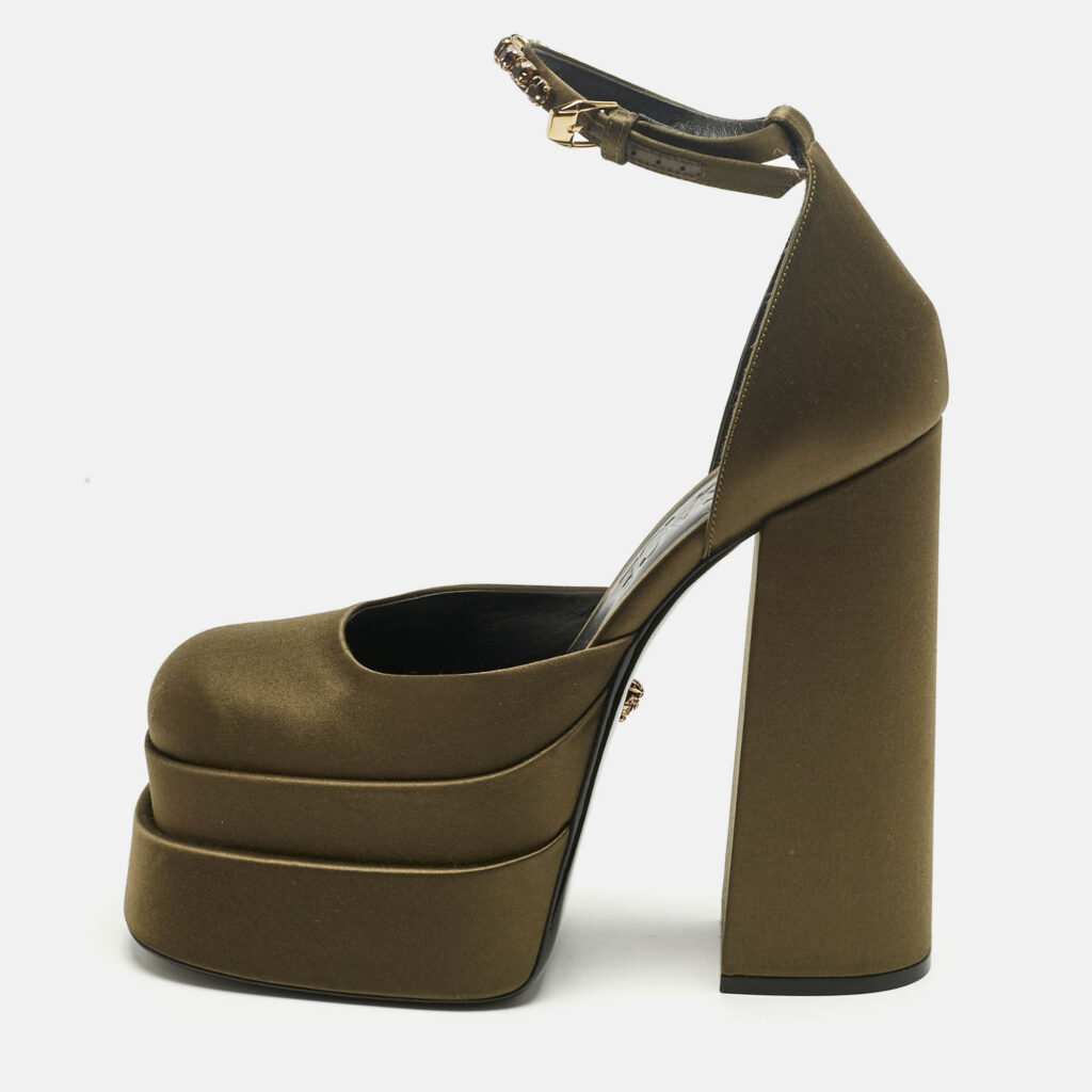 Versace Dark Green Satin D'orsay Crystal Embellish Platform Pumps Size 40