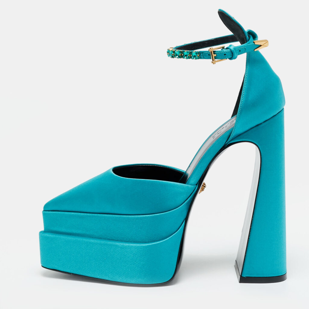 Versace Medusa Crystal Size 38 Teal Green Satin Platform Pumps