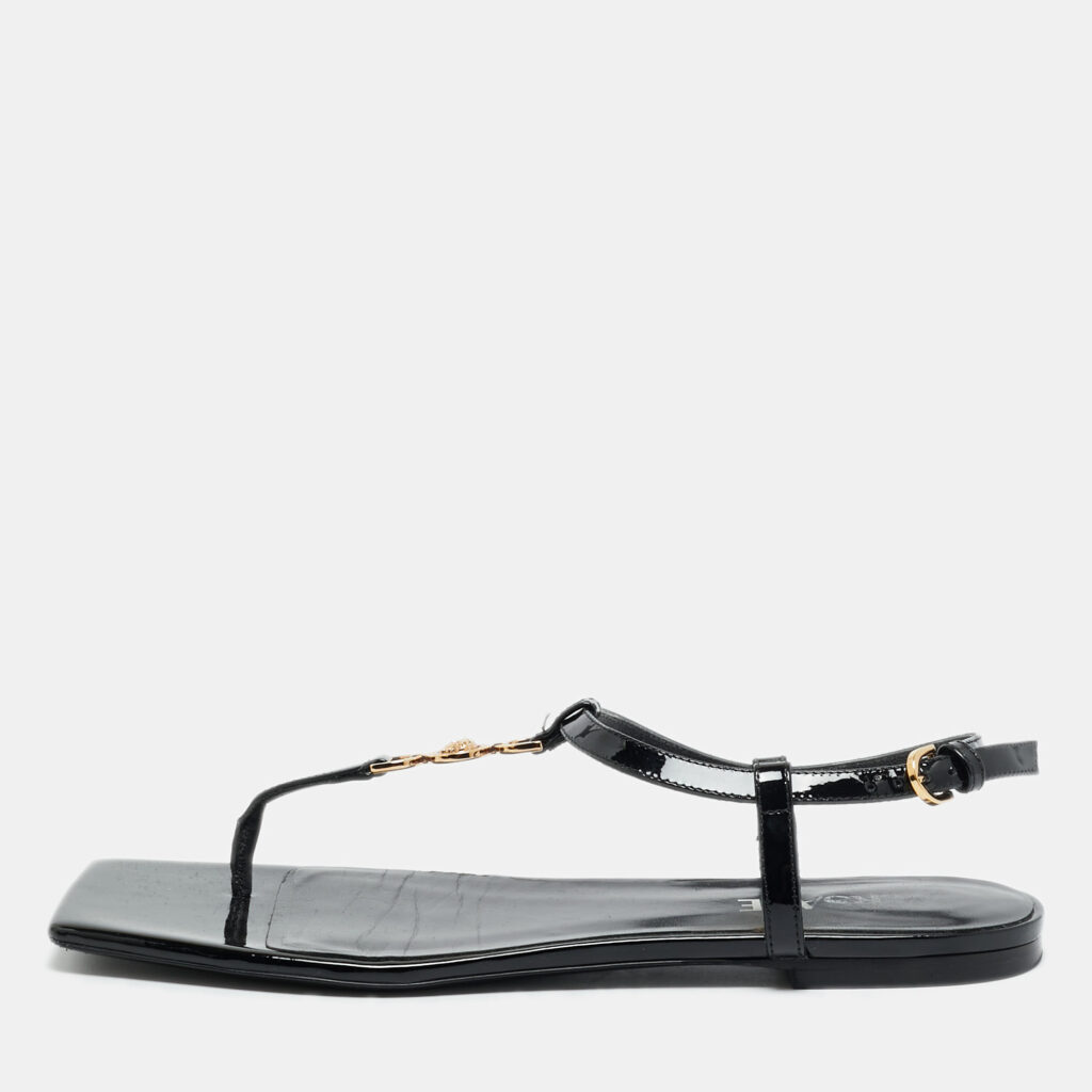 Versace Medusa Size 38 Black Patent Leather Thong Flat Sandals