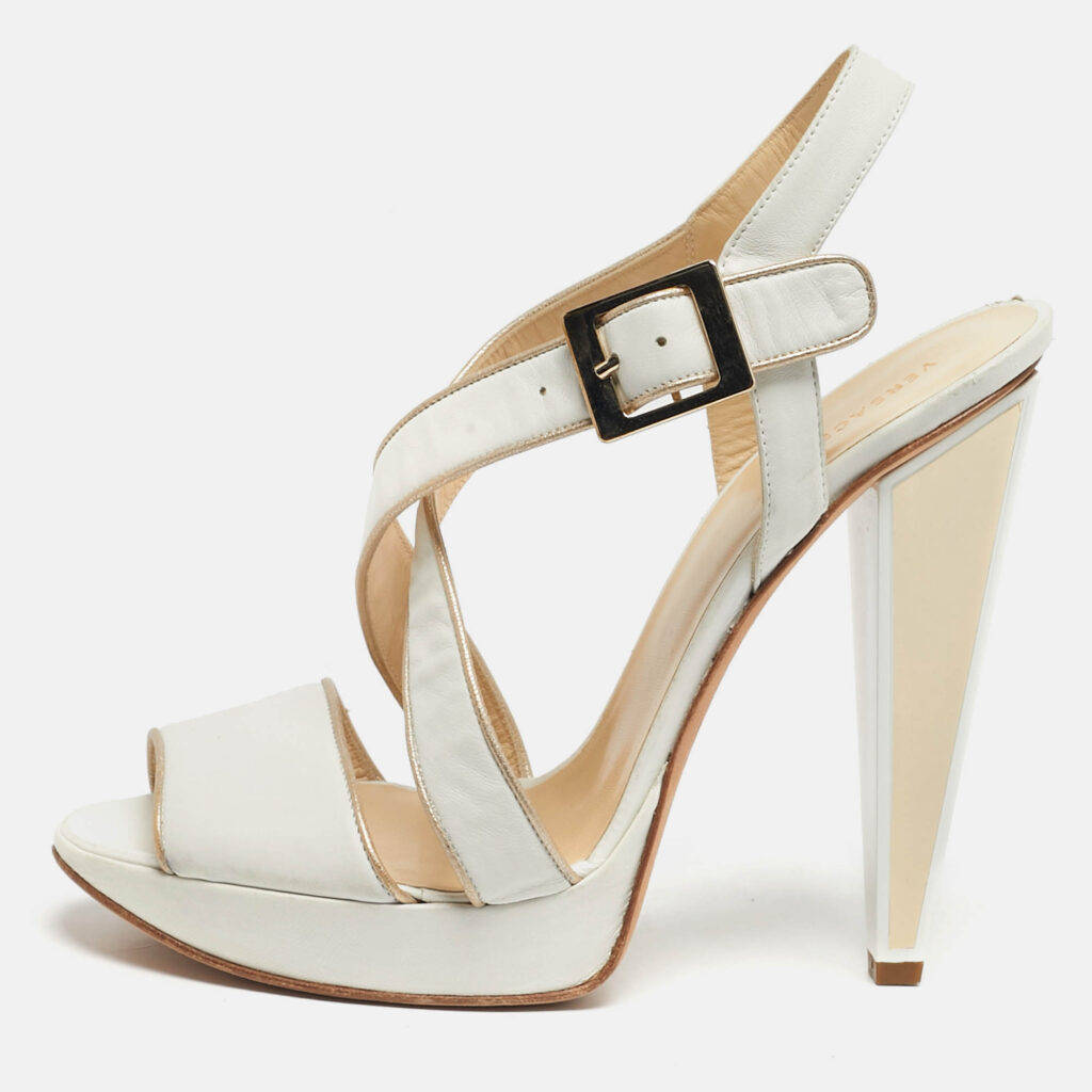 Versace Size 40 White Leather Strappy Platform Sandals