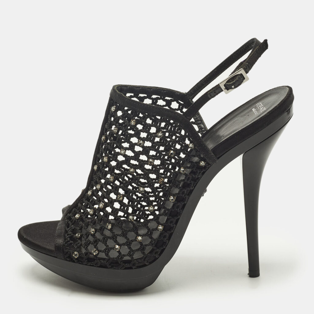 Versace Size 40 Black Mesh and Satin Rhinestone Embellished Open Toe Ankle Strap Sandals Versace Size 40 Black Mesh and Satin Rhinestone Embellished Open Toe Ankle Strap Sandals