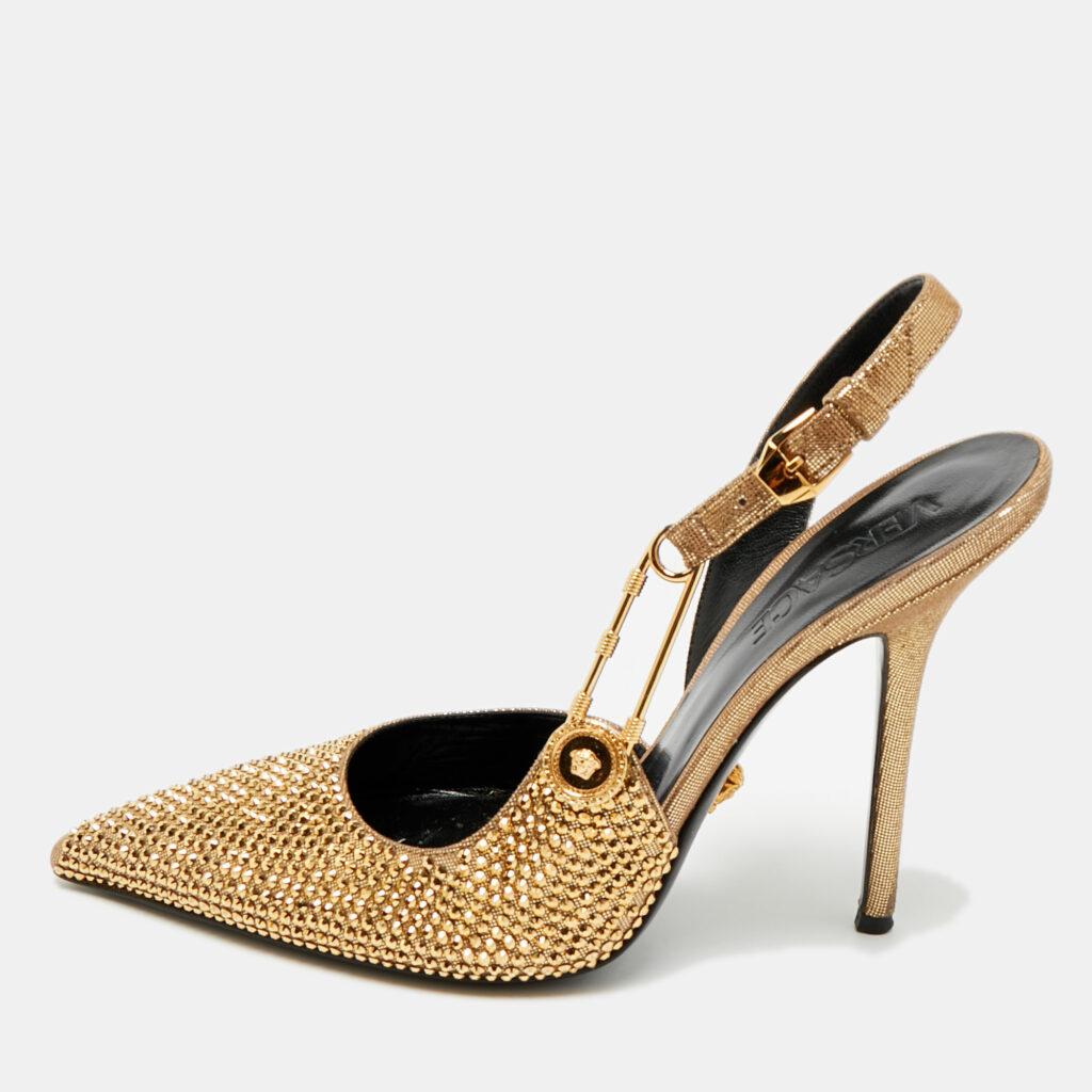 Versace Safety Pin Size 38 Gold Texture Suede Slingback Pumps Versace Safety Pin Size 38 Gold Texture Suede Slingback Pumps