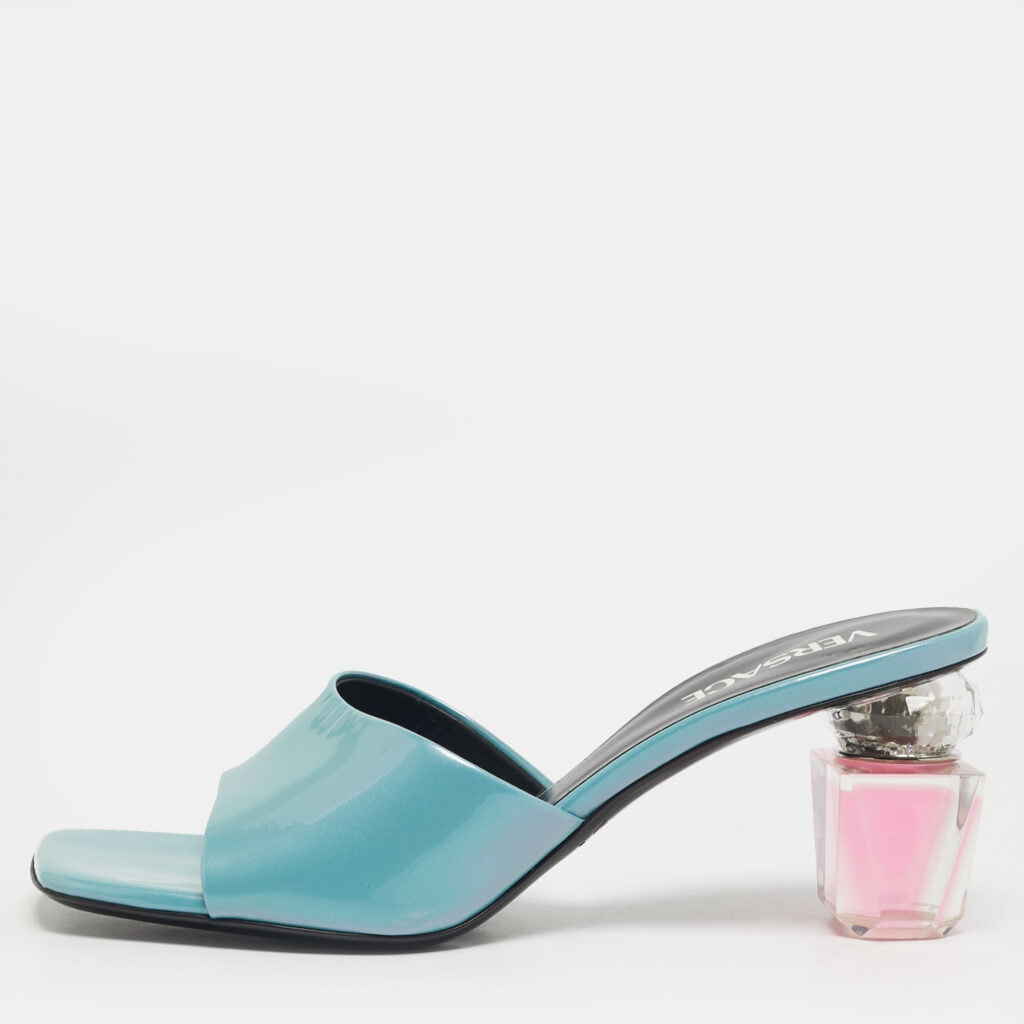 Versace Bright Crystal Size 39 Blue Patent Leather Slide Sandals
