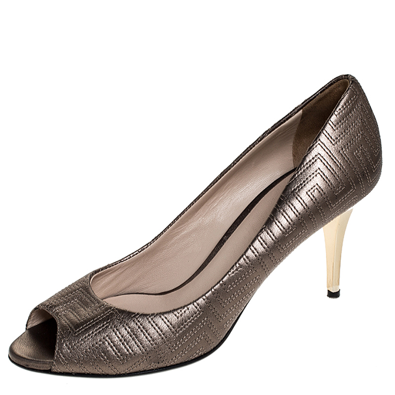 Versace Metallic Grey Embroidered Leather Peep Toe Platform Pumps Size 38 Versace Metallic Grey Embroidered Leather Peep Toe Platform Pumps Size 38