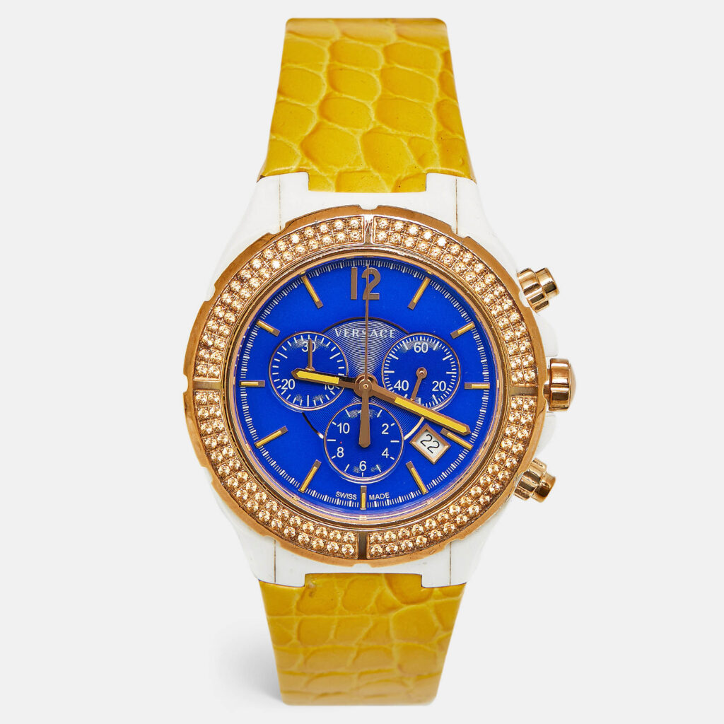Versace DV One 28C Blue Dial Ceramic Rose Gold Plated Stainless Steel Leather Unisex Wristwatch 42 mm