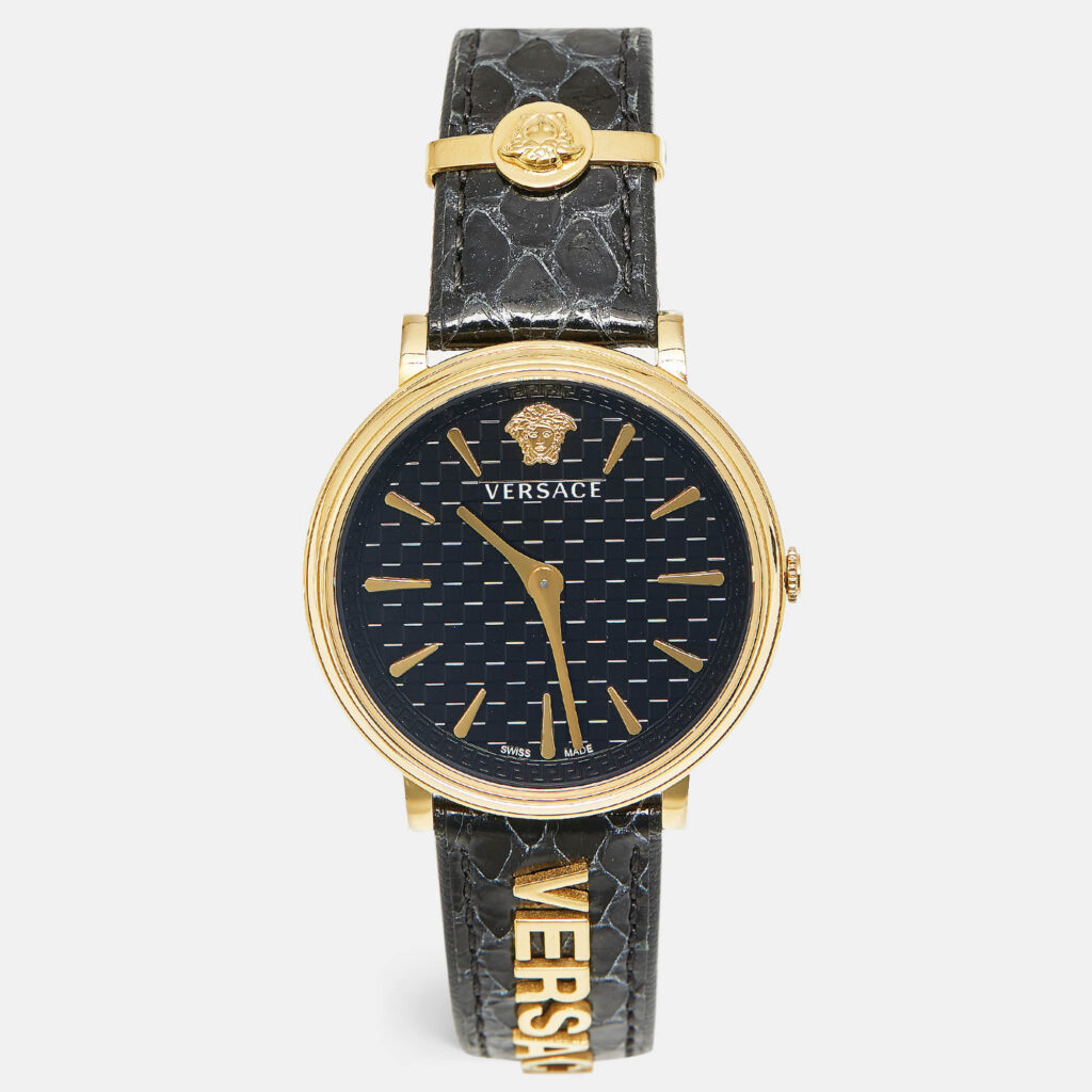 Versace V-Circle VE8101022 Black Dial Gold Tone Stainless Steel Leather Women's Wristwatch 38 mm Versace V-Circle VE8101022 Black Dial Gold Tone Stainless Steel Leather Women's Wristwatch 38 mm