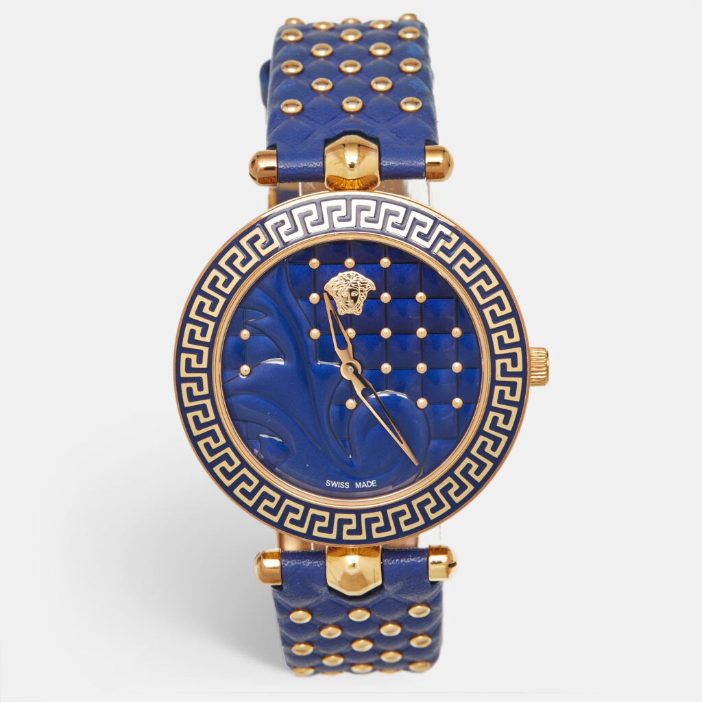 Versace Vanitas VK7040013 Blue Dial Rose Gold PVD Coated Stainless Steel Leather Women's Wristwatch 40 mm Versace Vanitas VK7040013 Blue Dial Rose Gold PVD Coated Stainless Steel Leather Women's Wristwatch 40 mm