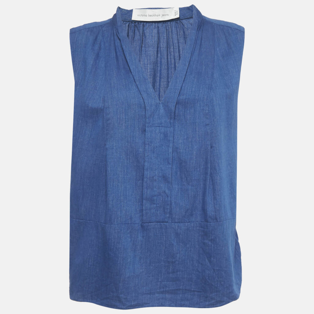 Victoria Beckham Jeans Blue Cotton V-Neck Sleeveless Blouse M
