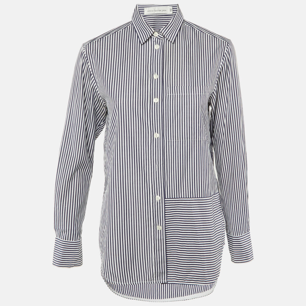 Victoria Beckham Jeans Navy Blue Striped Cotton Button Front Shirt S Victoria Beckham Jeans Navy Blue Striped Cotton Button Front Shirt S