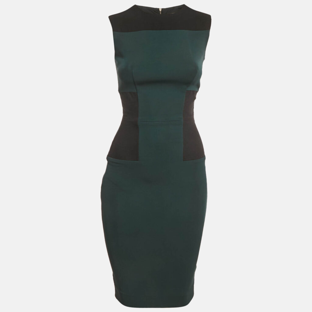 Victoria Beckham Green/Black Crepe Side Panel Sheath Midi Dress S Victoria Beckham Green/Black Crepe Side Panel Sheath Midi Dress S
