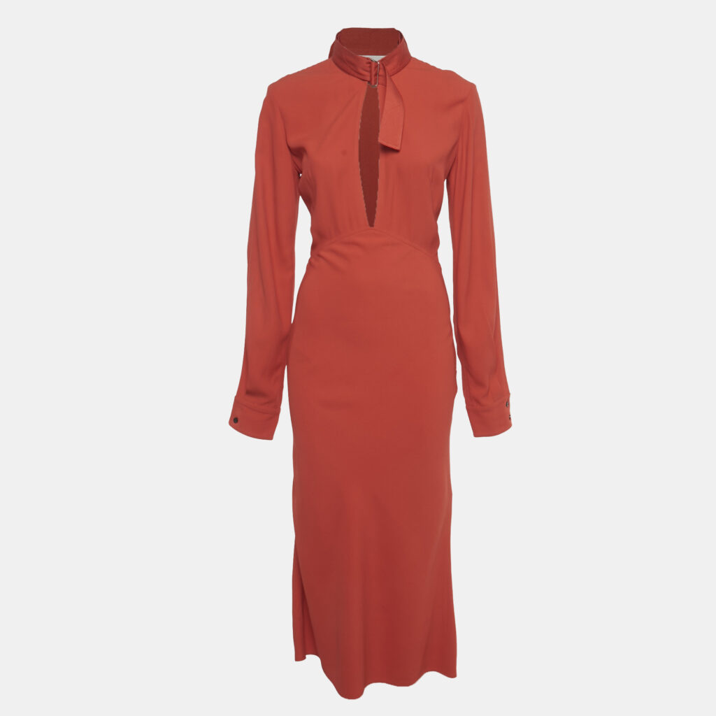 Victoria Beckham Red Crepe Plunge Neck Tie Detail Maxi Dress S