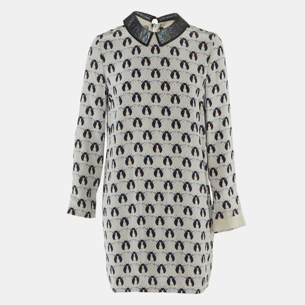 Victoria Beckham Grey Printed Shimmer Detachable Collar Silk Dress M Victoria Beckham Grey Printed Shimmer Detachable Collar Silk Dress M