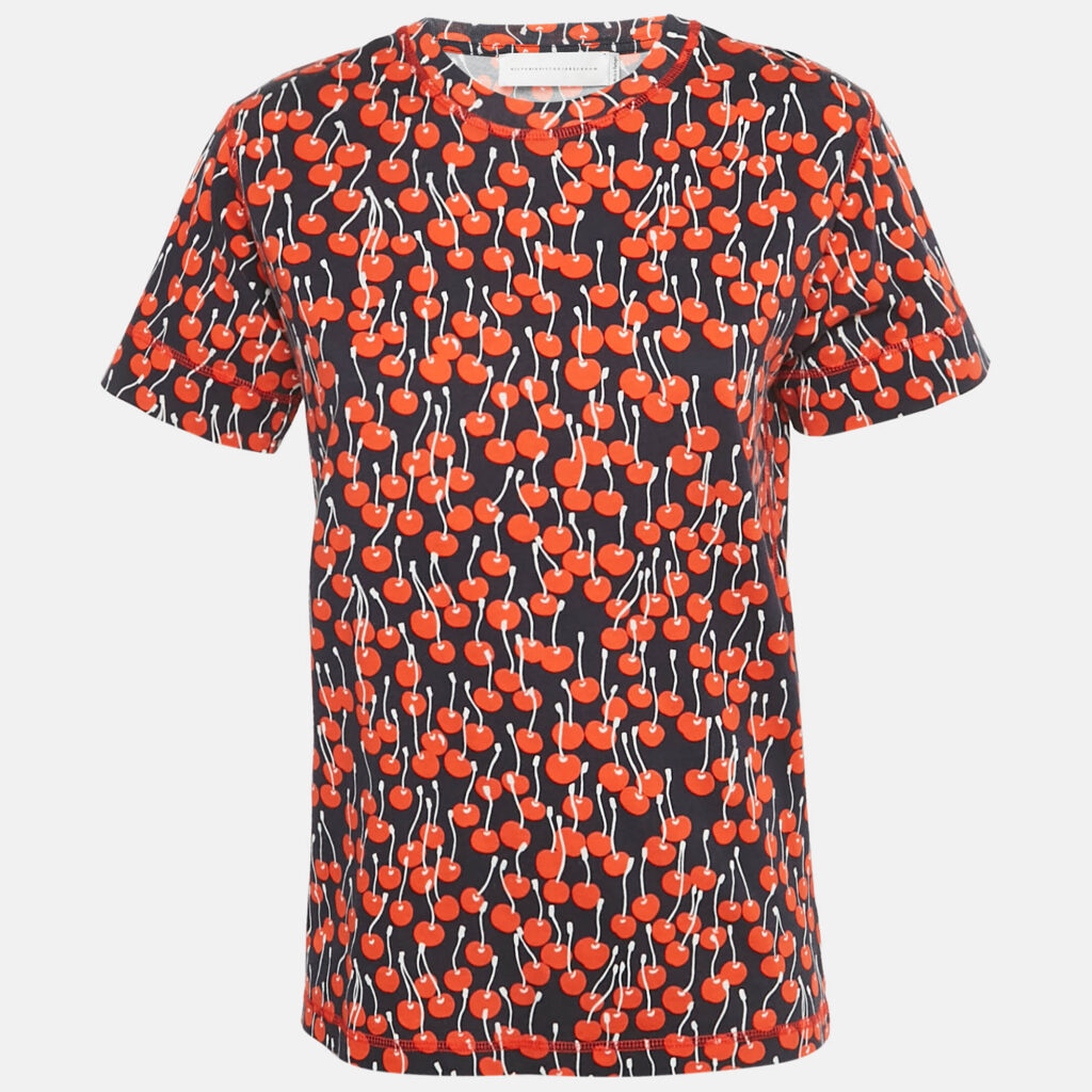 Victoria Victoria Beckham Midnight Blue Cherry Print Cotton T-Shirt M