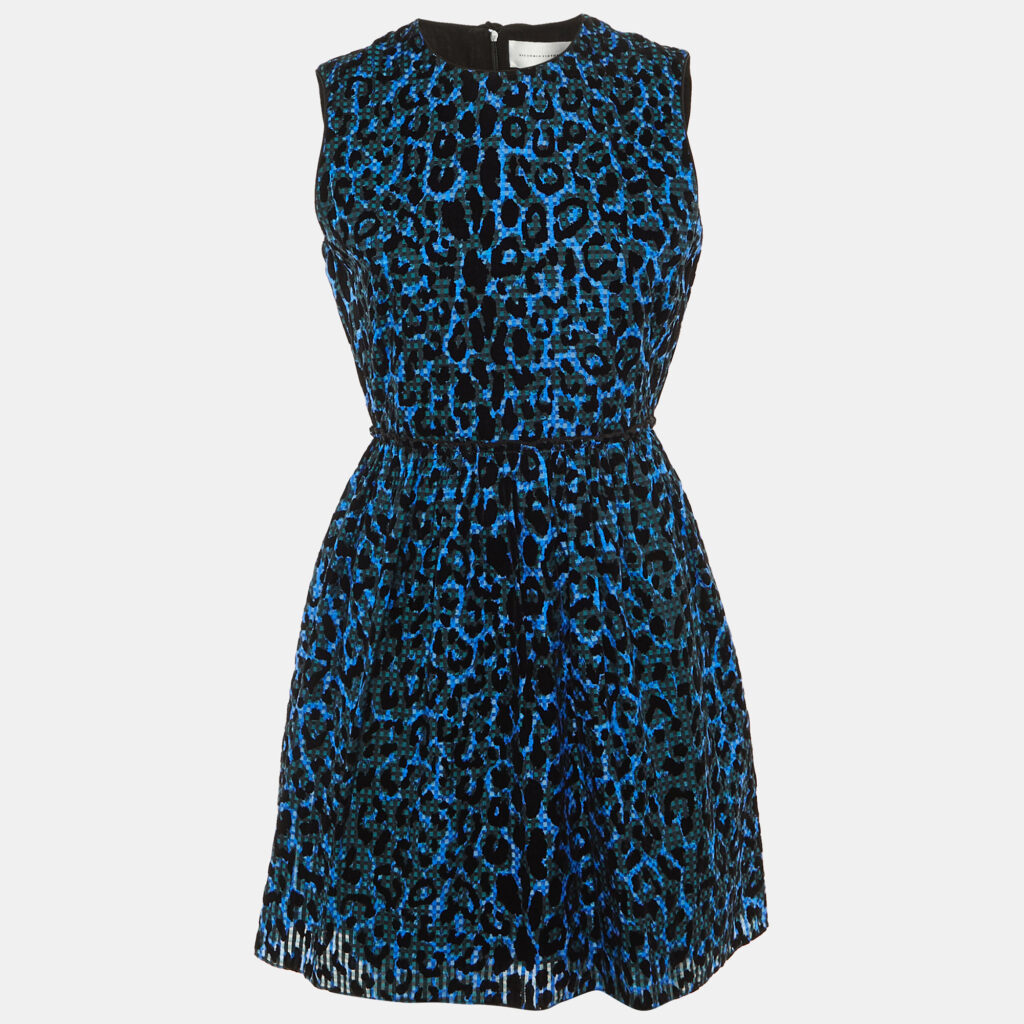 Victoria Victoria Beckham Blue/Black Leopard Pattern Devore Sleeveless Dress M
