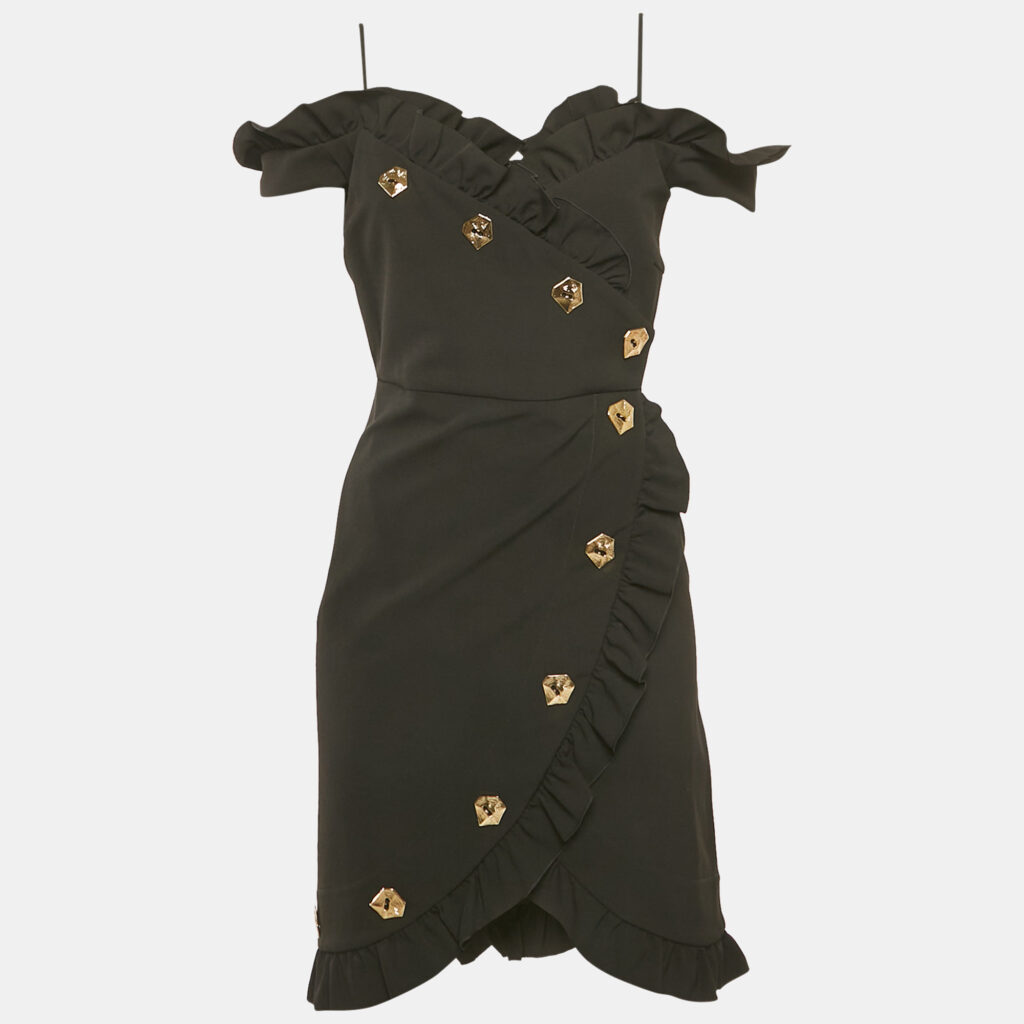 Violante Nessi Black Crepe Ruffled Wrap Style Mini Dress S