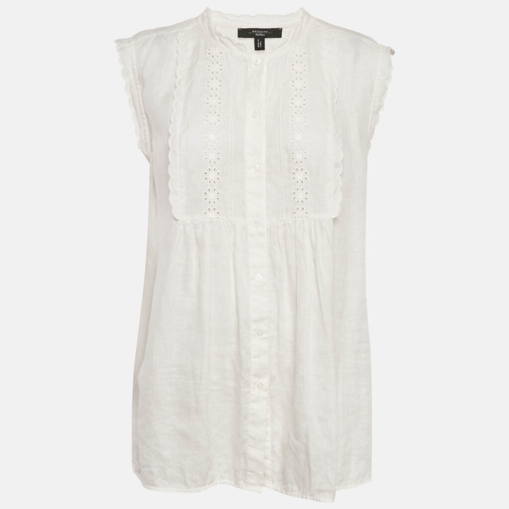 Weekend Max Mara White Embroidered Linen and Cotton Top XL Weekend Max Mara White Embroidered Linen and Cotton Top XL