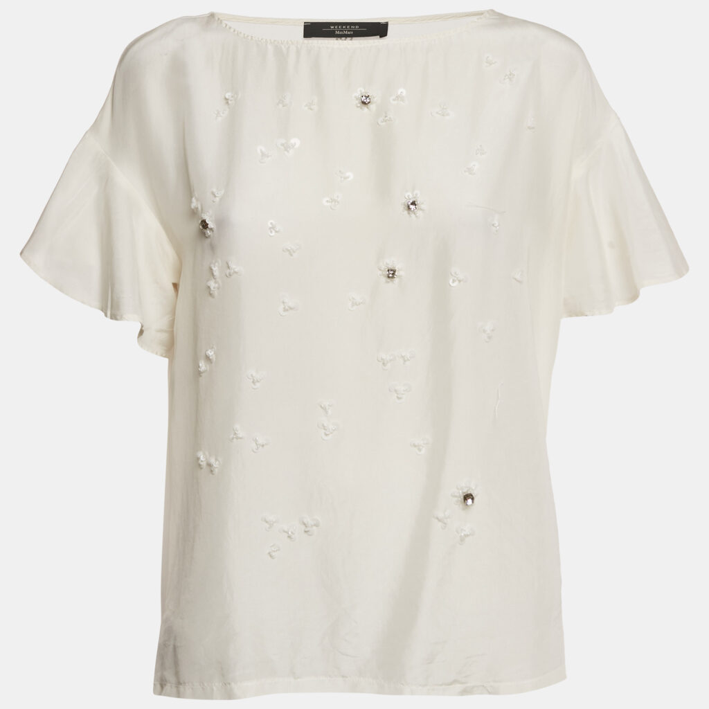 Weekend Max Mara White Sequin Embroidered Silk and Jersey Top L Weekend Max Mara White Sequin Embroidered Silk and Jersey Top L