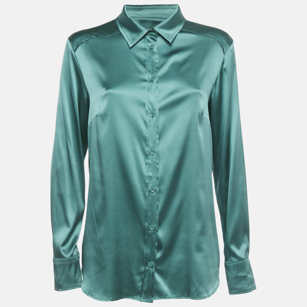 Weekend Max Mara Green Silk Satin Full Sleeve Button Front Shirt L