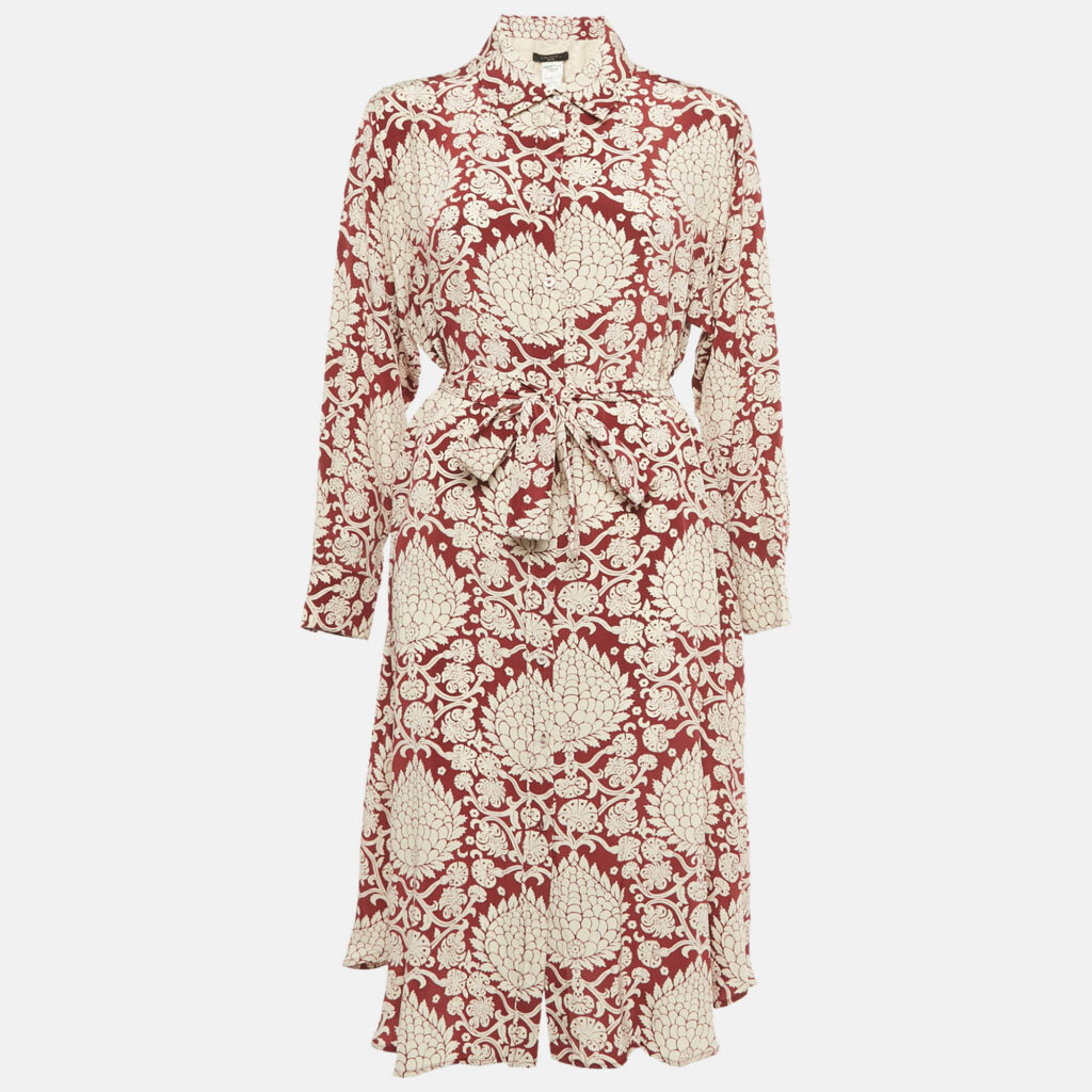 Weekend Max Mara Burgundy Printed Silk Belted Midi Dress L Weekend Max Mara Burgundy Printed Silk Belted Midi Dress L