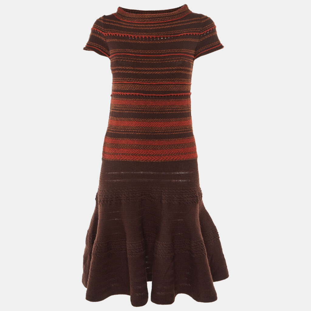 Yves Saint Laurent Brown Striped Wool & Cashmere Knit Midi Dress S
