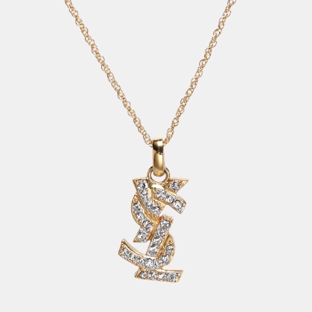 Yves Saint Laurent Gold Tone Crystal Logo Necklace Yves Saint Laurent Gold Tone Crystal Logo Necklace