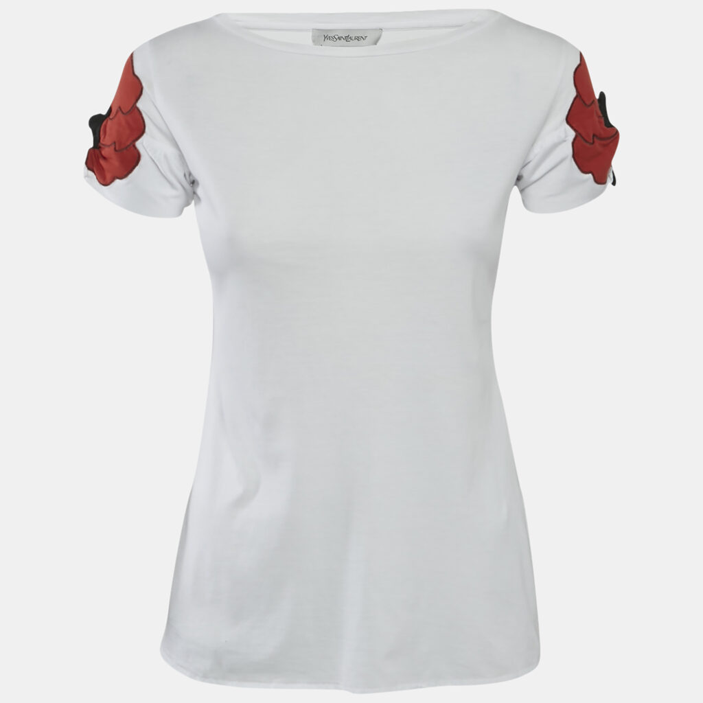 Yves Saint Laurent Vintage White Cotton Floral Applique Detail Top S