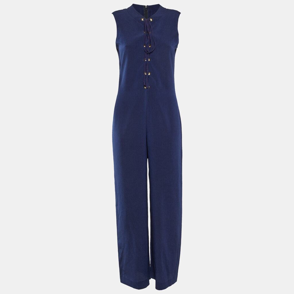 Yves Saint Laurent Blue Textured Crepe Lace Up Jumpsuit M Yves Saint Laurent Blue Textured Crepe Lace Up Jumpsuit M