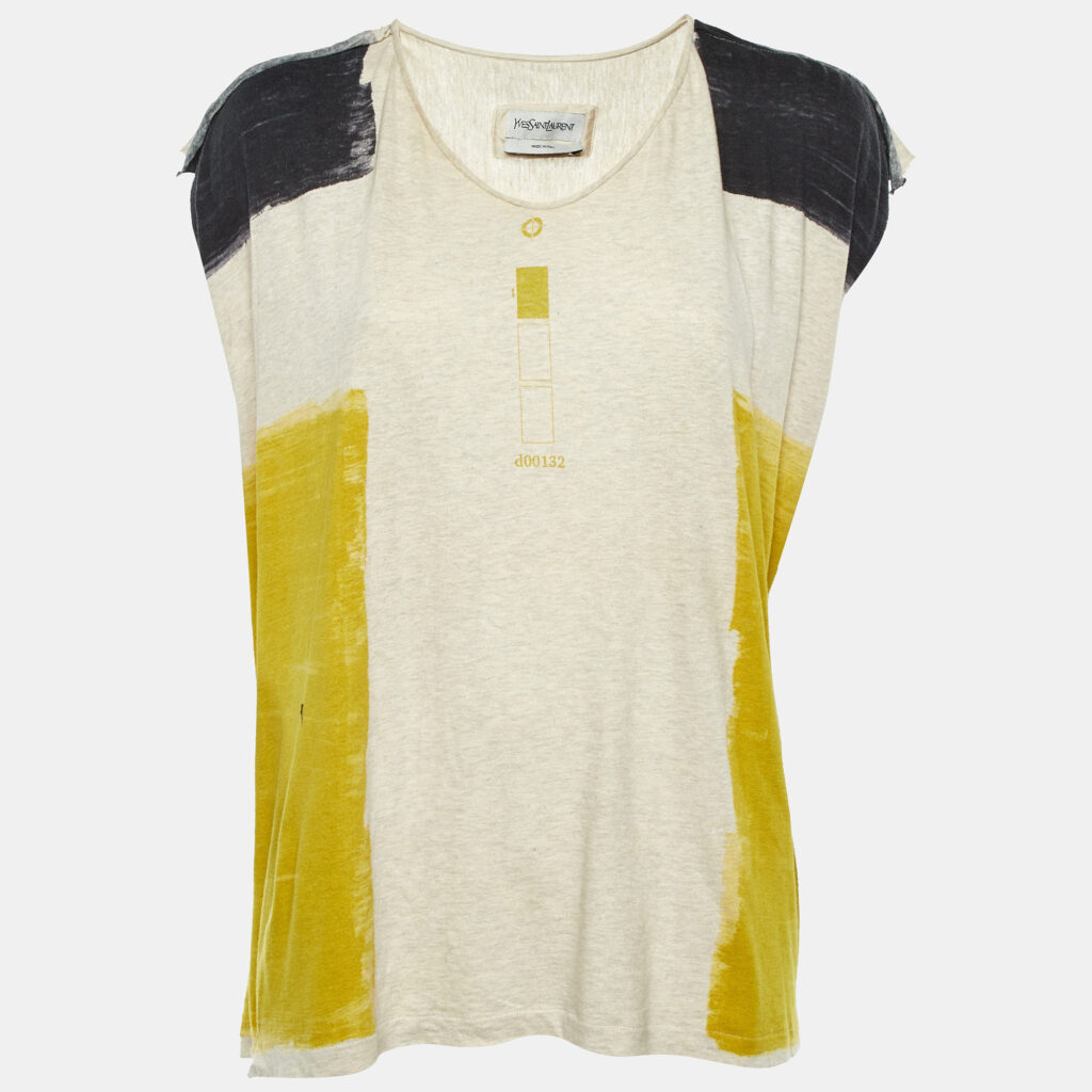 Yves Saint Laurent Paris Cream Printed Cotton Distressed T-Shirt L